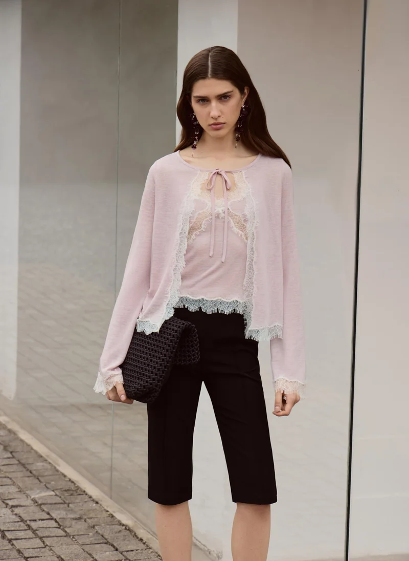 Lichi  Jersey cardigan with lace trim and ties for Women | Best Price UAE