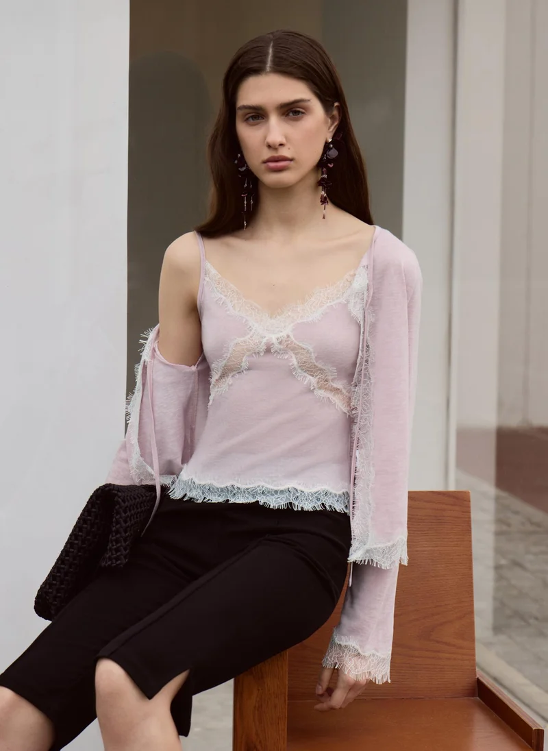 Lichi  Jersey cardigan with lace trim and ties for Women | Best Price UAE