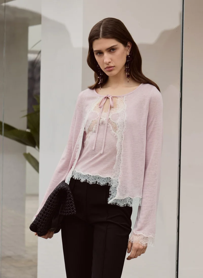 Lichi  Jersey cardigan with lace trim and ties for Women | Best Price UAE