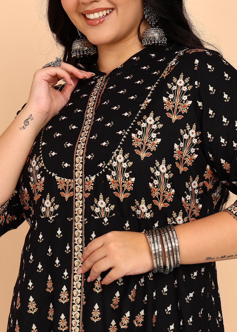 Yash Gallery Women’s Printed Anarkali Kurta |Black Flared Mandarin Collar, Front Button Placket & 3/4 Sleeves|Calf-Length Festive, Office & Casual Wear - Image 4