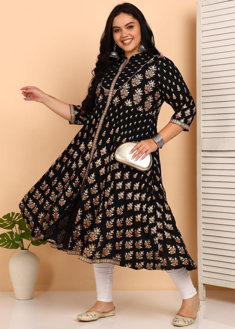 Yash Gallery Women’s Printed Anarkali Kurta |Black Flared Mandarin Collar, Front Button Placket & 3/4 Sleeves|Calf-Length Festive, Office & Casual Wear - Image 2