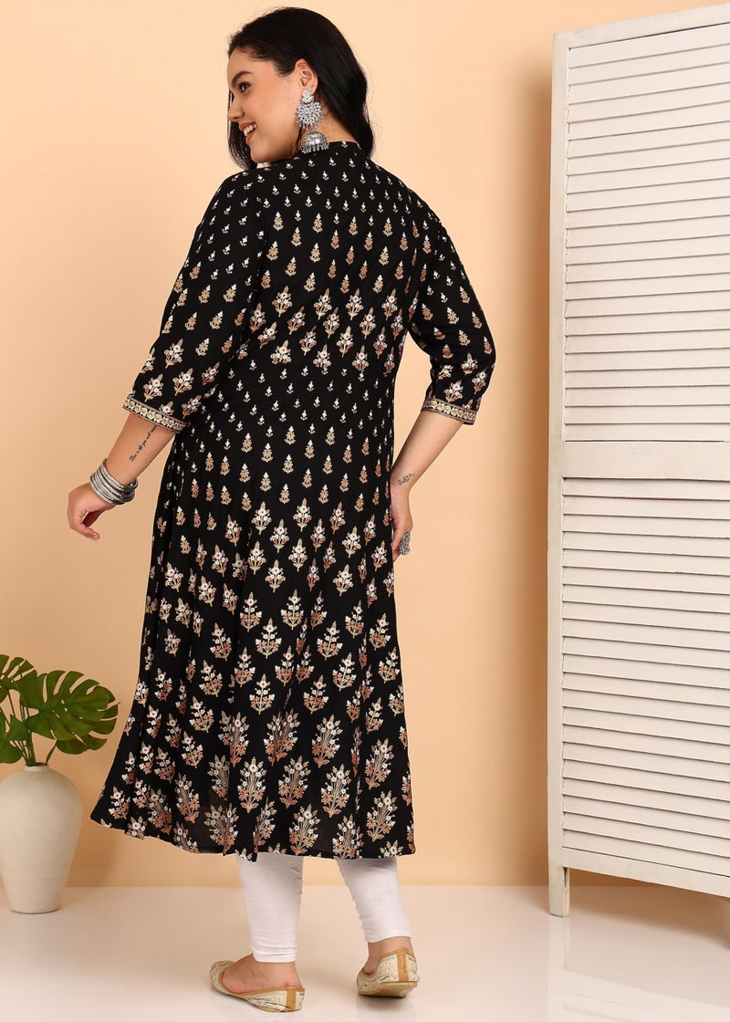 Yash Gallery Women’s Printed Anarkali Kurta |Black Flared Mandarin Collar, Front Button Placket & 3/4 Sleeves|Calf-Length Festive, Office & Casual Wear - Image 5