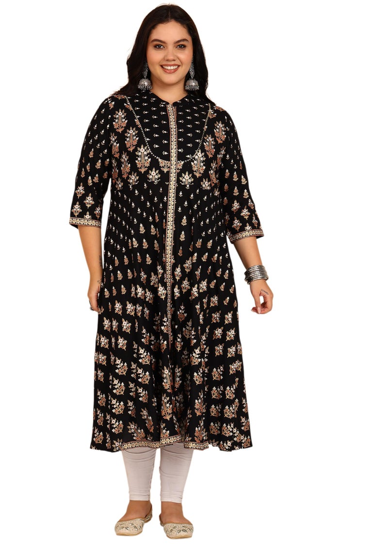 Yash Gallery Women’s Printed Anarkali Kurta |Black Flared Mandarin Collar, Front Button Placket & 3/4 Sleeves|Calf-Length Festive, Office & Casual Wear - Image 1