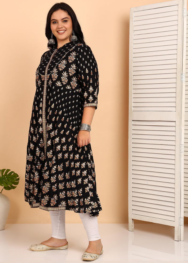 Yash Gallery Women’s Printed Anarkali Kurta |Black Flared Mandarin Collar, Front Button Placket & 3/4 Sleeves|Calf-Length Festive, Office & Casual Wear - Image 3