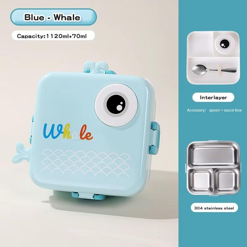Wosta Lunch Box, Cartoon Lunch Box with Leak Proof Lid and Reusable Steel Spoon & Sauce Containers Ideal for Men, Women’s and Kids School, Office and Travel. (Blue - Whale Design) - Image 2