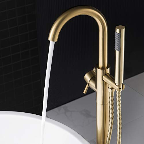 WOODBRIDGE خلاط حوض الاستحمام المستقل WOODBRIDGE F0007 BG، تركيب أرضي، مصنوعة من النحاس، مع دش يدوي، F-0007 ذهبي، ذهب مصقول - Image 4