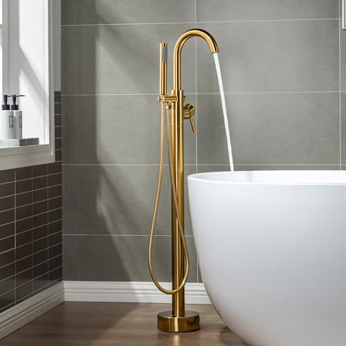 WOODBRIDGE خلاط حوض الاستحمام المستقل WOODBRIDGE F0007 BG، تركيب أرضي، مصنوعة من النحاس، مع دش يدوي، F-0007 ذهبي، ذهب مصقول - Image 1