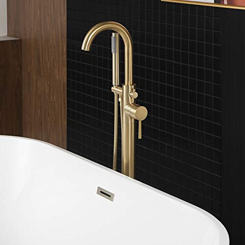 WOODBRIDGE خلاط حوض الاستحمام المستقل WOODBRIDGE F0007 BG، تركيب أرضي، مصنوعة من النحاس، مع دش يدوي، F-0007 ذهبي، ذهب مصقول - Image 3