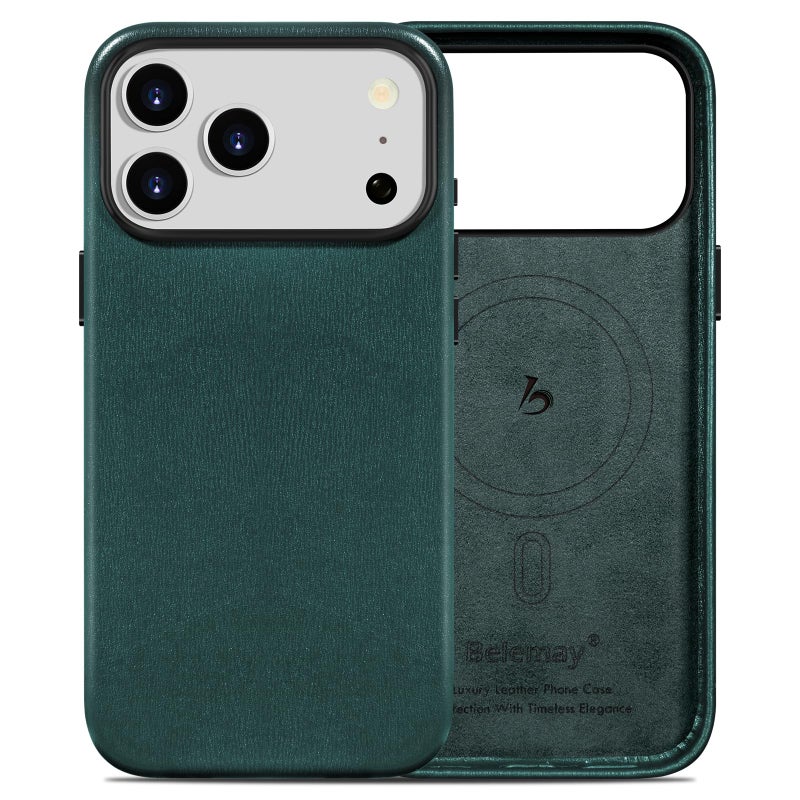 Belemay Handcrafted Premium Textured Leather Case for iPhone 17 Pro Max, Compatible with MagSafe, Modern Minimalist Design, Smooth & Subtle, Camera Control Button, Metal Buttons (6.9"), Forest Green - Image 1