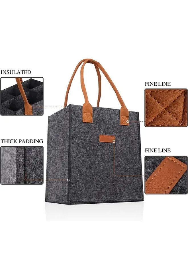 1pc 6 Bottle Wine Organizer Tote Durable Polyester Gray Wine Carrier With Brown Handles Multi Compartment Beverage Basket For Red Wine Champagne Home Bar Organization Grocery Shopping - Image 4