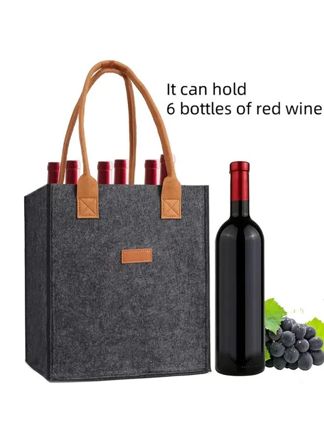 1pc 6 Bottle Wine Organizer Tote Durable Polyester Gray Wine Carrier With Brown Handles Multi Compartment Beverage Basket For Red Wine Champagne Home Bar Organization Grocery Shopping - Image 1
