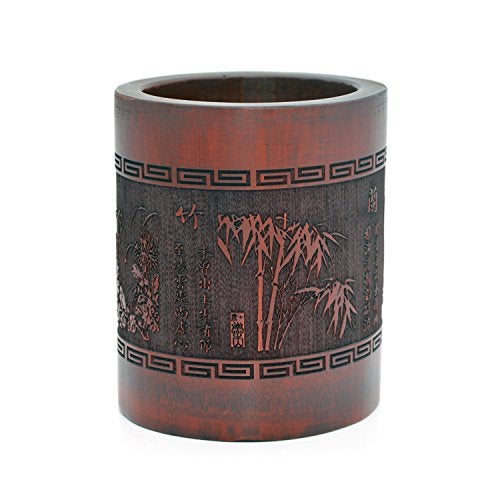 Medifier Vintage Chinese Bamboo Wood Desk Pen Pencil Cup Holder (plum blossoms, orchid, bamboo and chrysanthemum) - Image 3