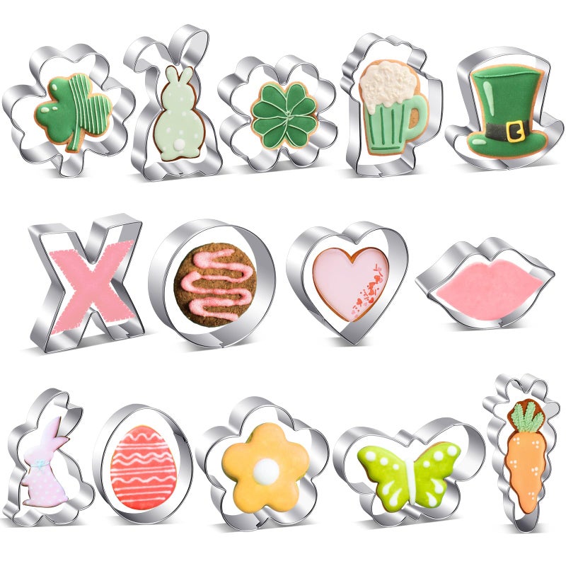 Layhit 14 Pcs Valentines Day Cookie Cutters Set Spring Holiday Cookie Cutter St. Patrick's Day Easter Egg Bunny Shamrock Decorating for Holiday Celebration Variety Pack Party Decoration, 14 Shapes - Image 1