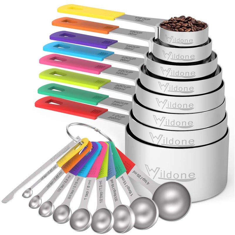 Wildone Measuring Cups  Spoons Set of 18  Includes 8 Stainless Steel Nesting Measuring Cups 9 Measuring Spoons 1 Leveler Ideal for Dry and Liquid Ingredients