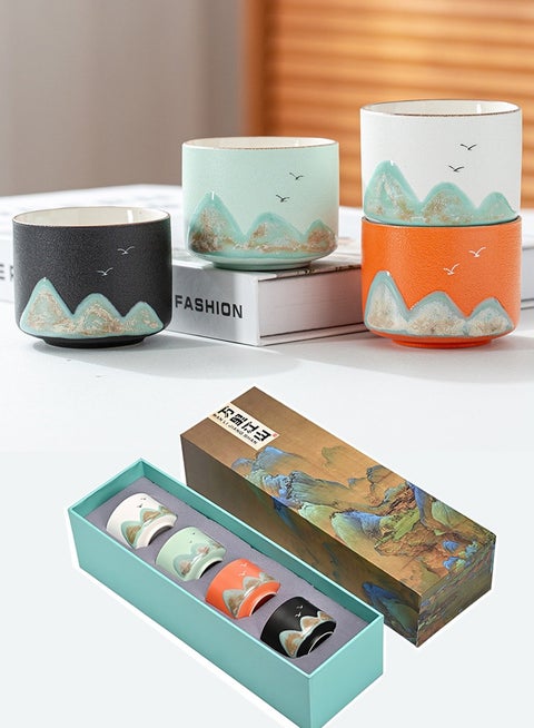 4-Piece Ceramic Cup Espresso Cups With Gift Box Elegant Coffee Cups Arabic Mug with Nature Scenery Tea Cup Set Small Size Coffee Mug Drinking Cup Set