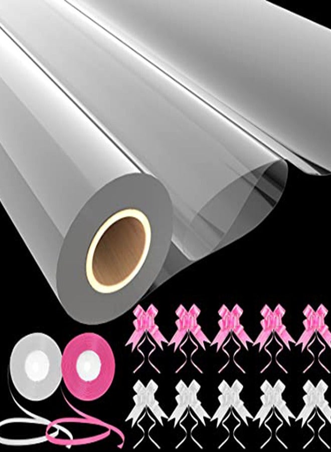 Clear Cellophane Wrap Roll for Gift Baskets with 10 Large Pull Bows and 2 Ribbons - Cello Flower Wrapping Paper used for Cookie, Basket Wrap, Books, Bouquet, Fruit and Crafts (17 in x 17 in)