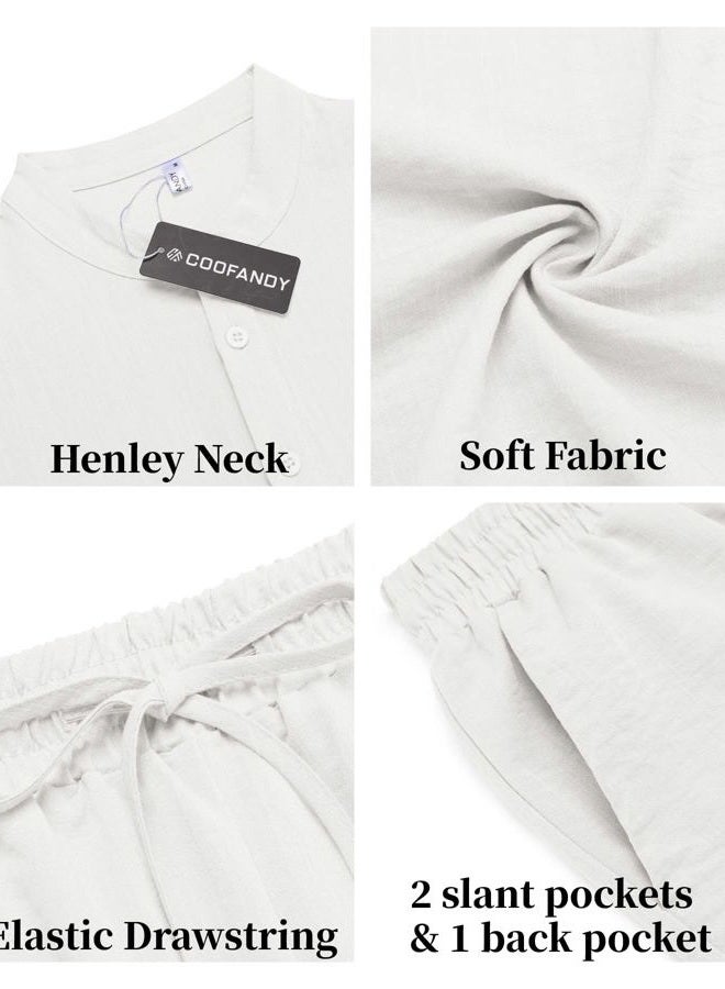 COOFANDY Men's 2 Pieces Linen Set Casual Henley Shirts Short Sleeve Beach Yoga Shorts Summer Pants Outfits, 01-white Solid, S - Image 4