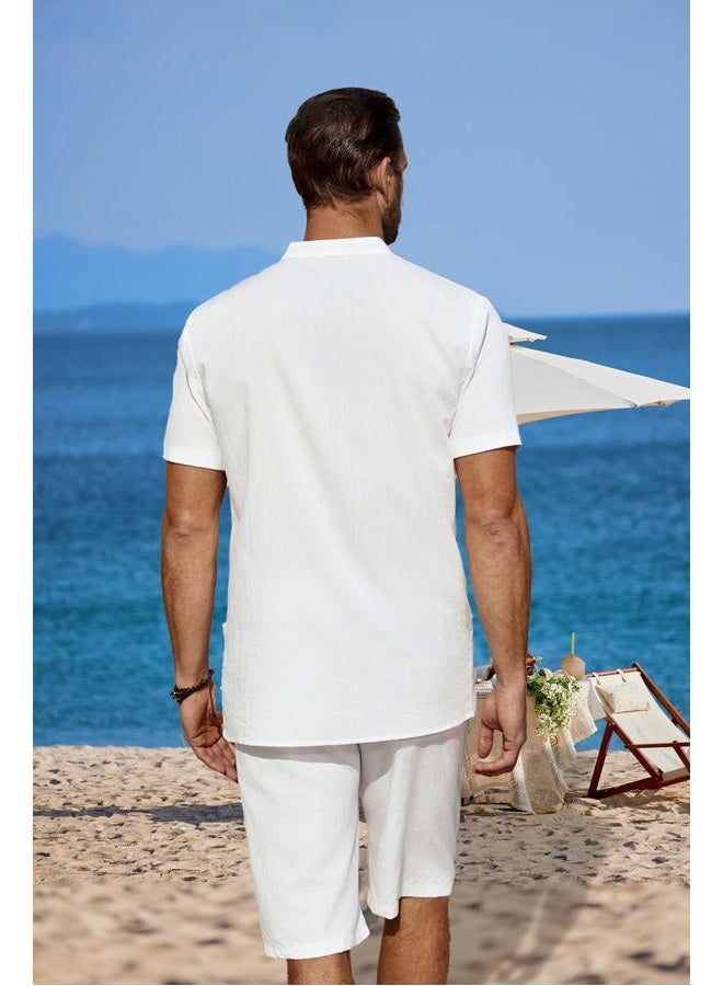 COOFANDY Men's 2 Pieces Linen Set Casual Henley Shirts Short Sleeve Beach Yoga Shorts Summer Pants Outfits, 01-white Solid, S - Image 3
