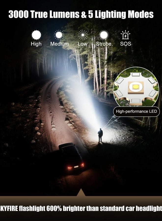 SkyFire Rechargeable Flashlights High Lumens: LED Super Bright Flashlight 3000lm Zoomable 5 Modes Tactical Waterproof 2*5000mAh Powerful Flash Light for Camping, Emergency, Gift (with Ignition Lens) - Image 4