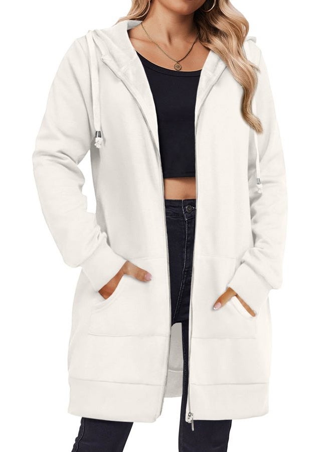 zeagoo Womens Hoodies Zip Up Midi Length Tunic Sweatshirts Longline Casual Fall Sweatshirts Fleece Drawstring Jackets White 3x-Large - Image 1