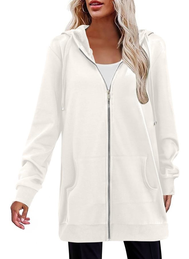 zeagoo Womens Hoodies Zip Up Midi Length Tunic Sweatshirts Longline Casual Fall Sweatshirts Fleece Drawstring Jackets White 3x-Large - Image 4