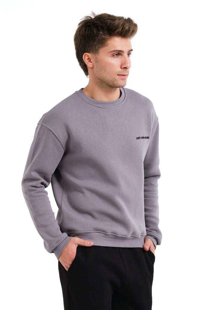 JUSTEVER Crew Neck Embroidered Raised Polar Fleece Inside Gray Men's Sweatshirt - Volar - Image 1