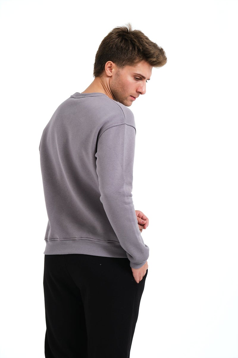 JUSTEVER Crew Neck Embroidered Raised Polar Fleece Inside Gray Men's Sweatshirt - Volar - Image 3