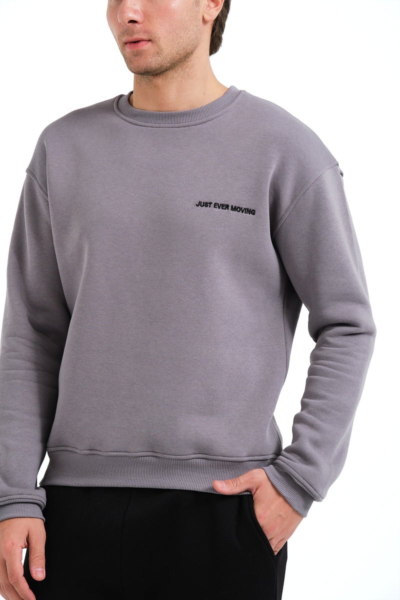 JUSTEVER Crew Neck Embroidered Raised Polar Fleece Inside Gray Men's Sweatshirt - Volar - Image 4