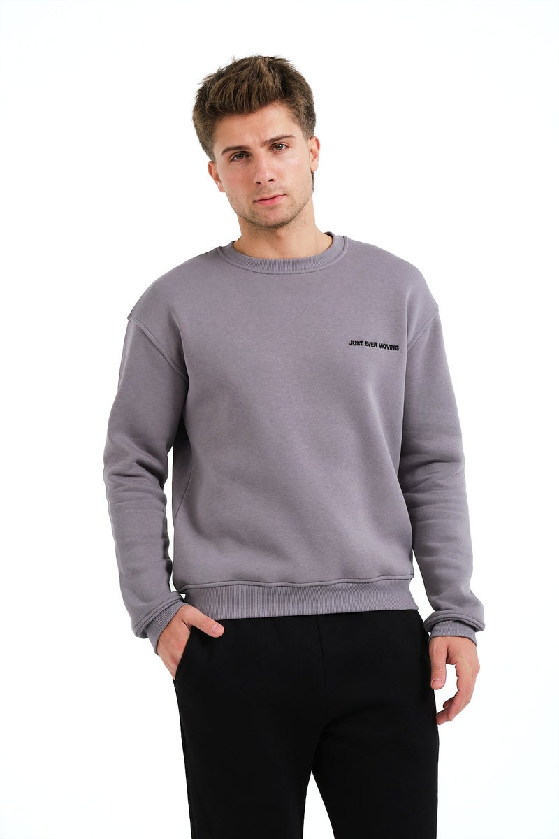 JUSTEVER Crew Neck Embroidered Raised Polar Fleece Inside Gray Men's Sweatshirt - Volar - Image 2
