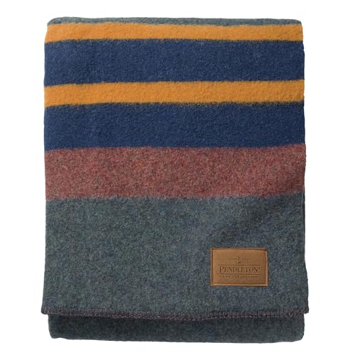 Pendleton Yakima Camp Blanket Full Queen 90" x 90" - Wool Cotton, Large, Dry Clean, Soft and Durable Throw for Home and Travel - Lake - Image 1