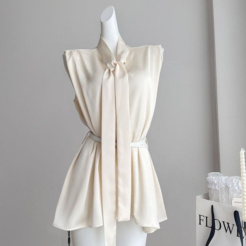 Elegant Ribbon Sleeveless Satin Shirt Top Womens Waisted French Loose Shirt Belt Purple - Image 2