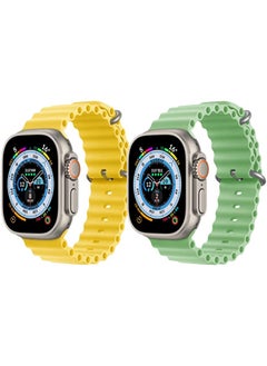 Silicone Ocean Band Strap for Apple Watch Ultra 8 49mm Yellow Single Color Strap with Mint Green Single Color Strap Set of 2