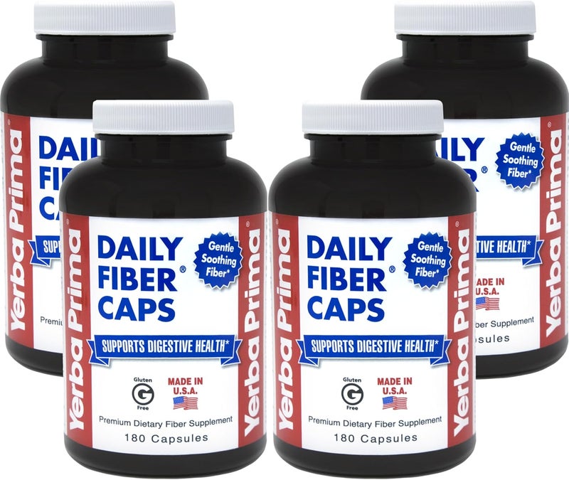 Yerba Prima Daily Fiber Caps  180 Capsules Pack of 4  Soluble  Insoluble Dietary Fiber Supplement  Colon Cleanse  Gut Health  Vegan NonGMO GlutenFree - Image 1