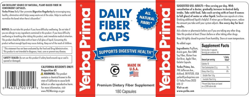 Yerba Prima Daily Fiber Caps  180 Capsules Pack of 4  Soluble  Insoluble Dietary Fiber Supplement  Colon Cleanse  Gut Health  Vegan NonGMO GlutenFree - Image 5