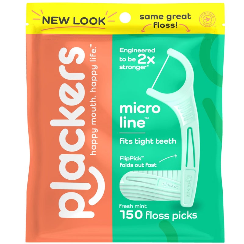 Plackers Micro Line Dental Floss Picks, Fold-Out FlipPick, Tuffloss, Easy Storage with Sure-Zip Seal, Fresh Mint Flavor, 150 Count - Image 1