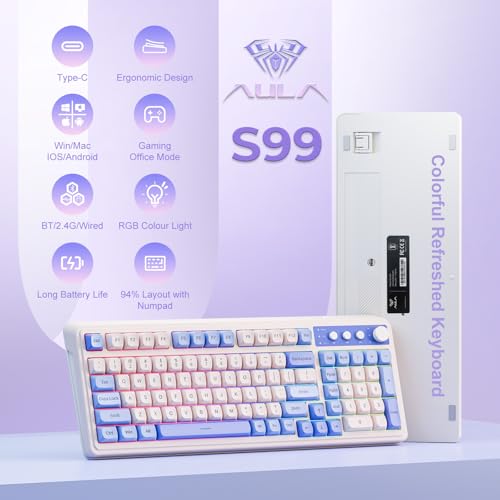 AULA 99 Key Keyboard, Tri-Mode Bluetooth/2.4GHz/USB-C Cute Creamy Gaming Keyboard with Number Pad RGB Backlit, Media Knob Custom Mechanical Feel Computer Keyboards for MAC Xbox PC Gamer - Purple - Image 2