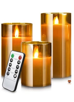 TIGER LED Flameless Candles – Battery Operated with Flickering Wick & Real Wax, Gold Glass Pillar, Timer & Remote Control, 4" 5" 6" Set of 3  - Image 1