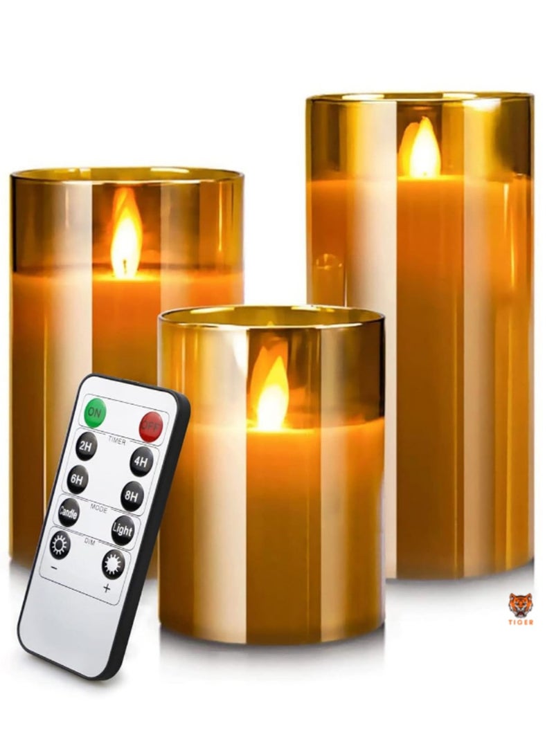 TIGER LED Flameless Candles – Battery Operated with Flickering Wick & Real Wax, Gold Glass Pillar, Timer & Remote Control, 4" 5" 6" Set of 3  - Image 1