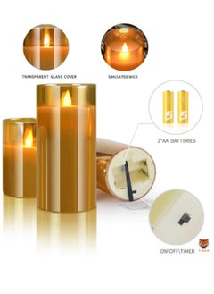 TIGER LED Flameless Candles – Battery Operated with Flickering Wick & Real Wax, Gold Glass Pillar, Timer & Remote Control, 4" 5" 6" Set of 3  - Image 2