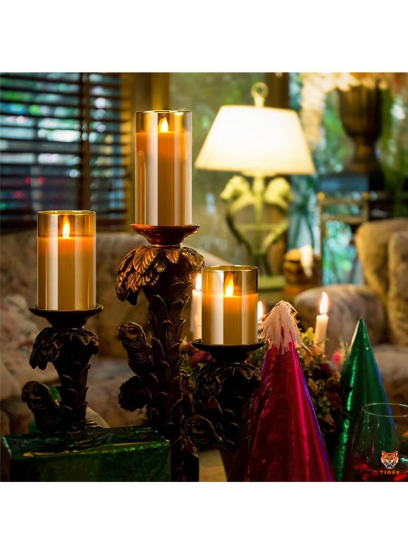 TIGER LED Flameless Candles – Battery Operated with Flickering Wick & Real Wax, Gold Glass Pillar, Timer & Remote Control, 4" 5" 6" Set of 3  - Image 4