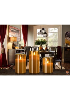 TIGER LED Flameless Candles – Battery Operated with Flickering Wick & Real Wax, Gold Glass Pillar, Timer & Remote Control, 4" 5" 6" Set of 3  - Image 5
