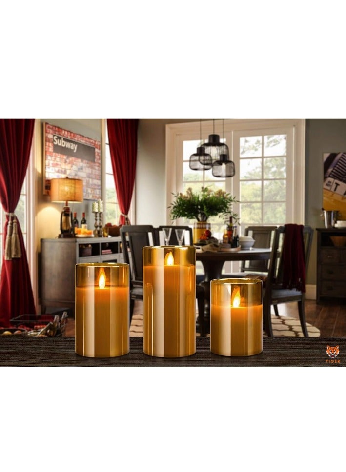 TIGER LED Flameless Candles – Battery Operated with Flickering Wick & Real Wax, Gold Glass Pillar, Timer & Remote Control, 4" 5" 6" Set of 3  - Image 5