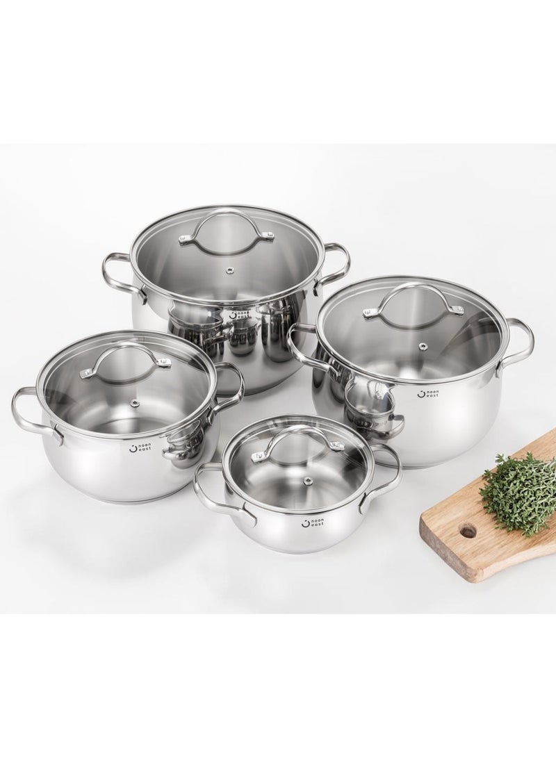 Noon East 8 Piece Triply Stainless Steel Casserole Set, set includes 1x16cm Casserole with Lid (1.4L),  1x20cm Casserole with Lid (3.7L), 1x22cm Casserole with Lid (5.7L), 1x24cm Casserole with Lid (7.5L) Induction Available, Dishwasher Safe - Image 1