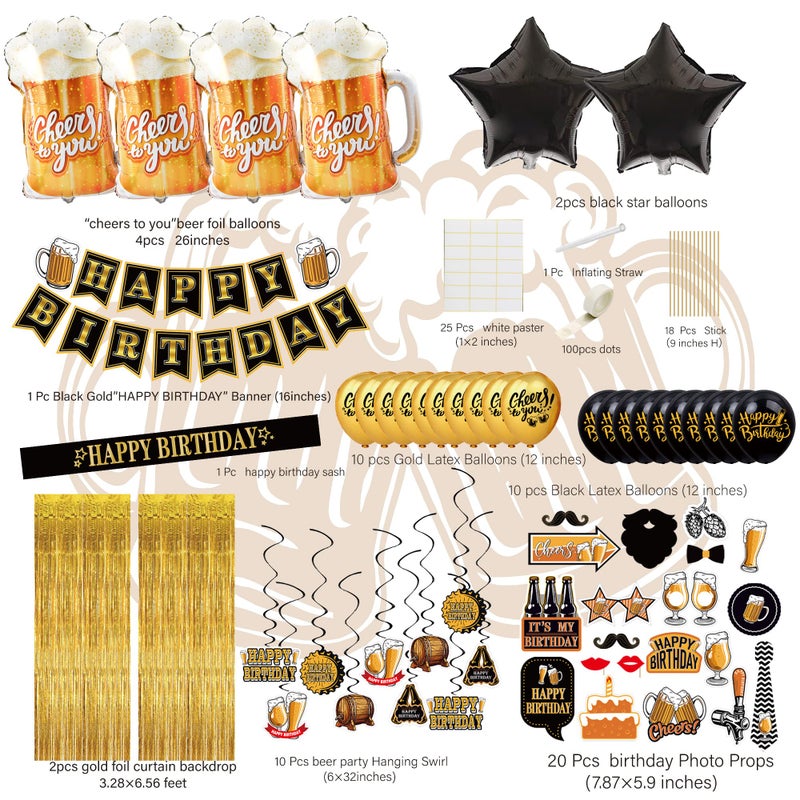 jenlion Black And Gold Party Decorations For Men And Women: Happy Birthday Banner  Fringe Curtains  ""Cheers To You"" Foil Balloons  Hanging Swirls  Photo Props  Birthday Sash - Image 2
