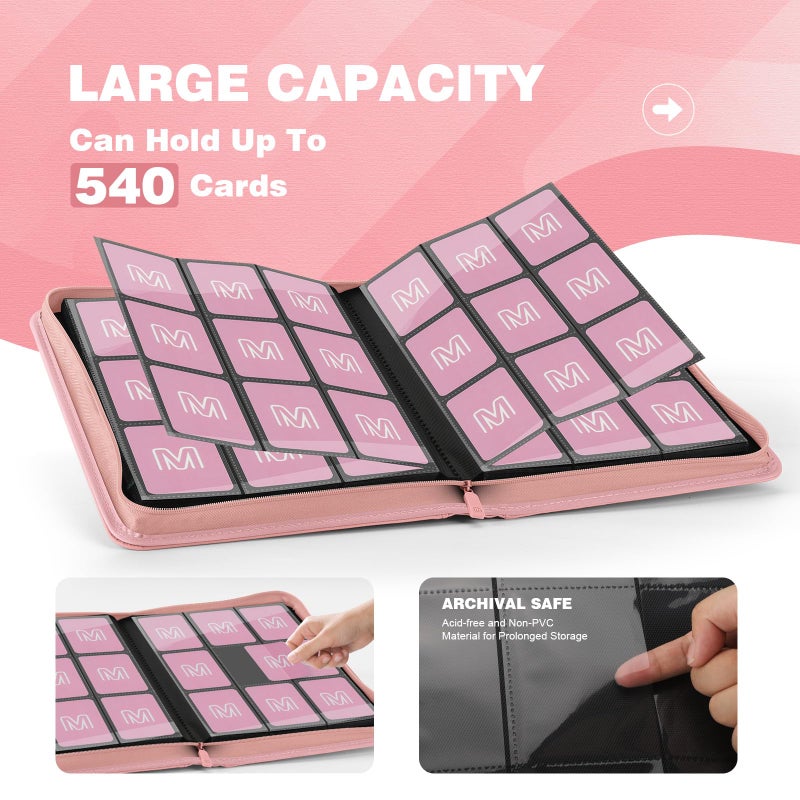 MOSLA Trading Card Binder with 9 Side Loading Pocket Card Album Hold Up to 540 Cards PU Card Collection Binder, Collectible Albums Card Folder for MTG, TCG, Sports Cardsï¼ˆ9-Pinkï¼‰ - Image 3