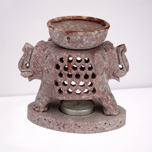 URBAN DECOR Getyourvibes Urban Decor Marble Elephant Handcrafted Soapstone Aroma Oil Diffuse Burner with 2 Tea Light Candle and 10 ml Sandal Wood 4x4 Inches 