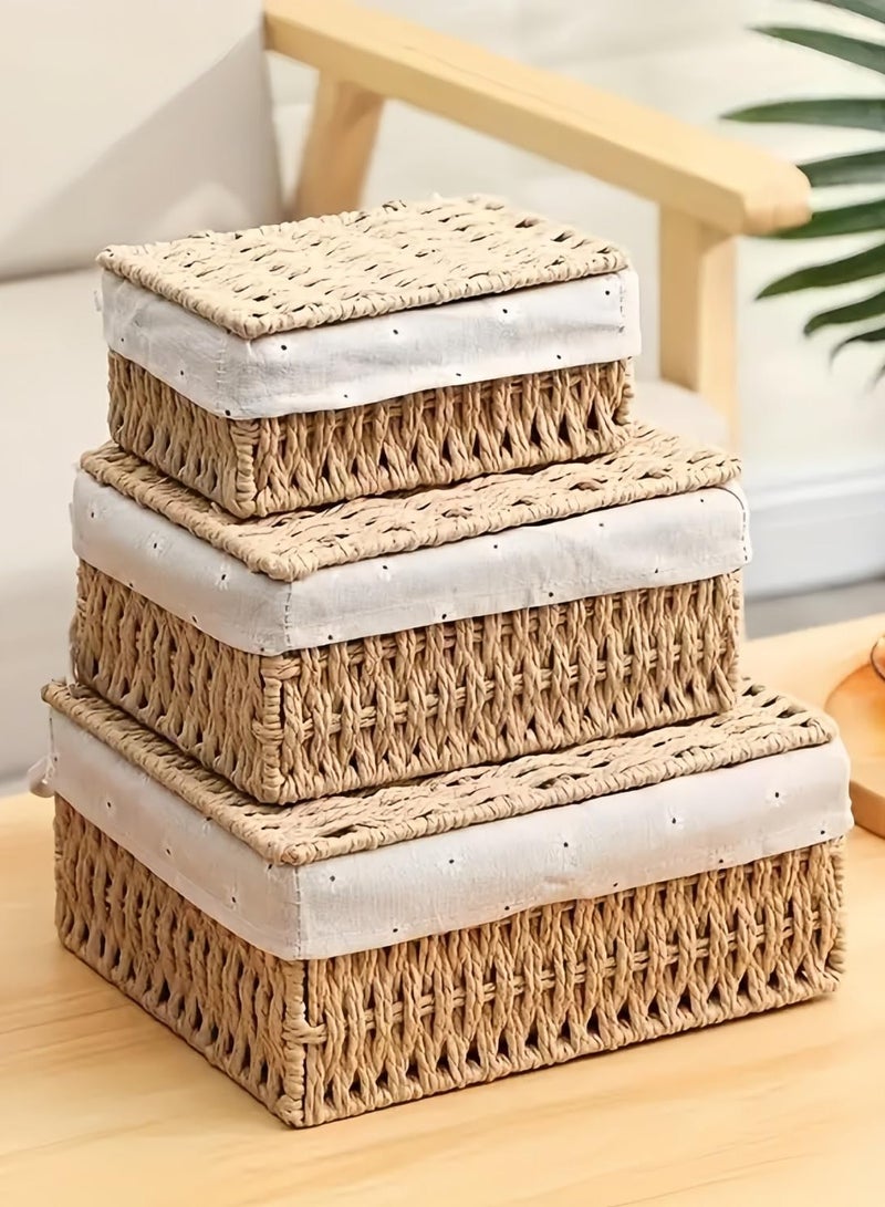 Small Wicker Baskets with Lids Liner Set of 3 Size Paper Rope Woven Decorative Cute Nesting Storage Baskets for Shelves Rectangular Container Bins for Table Snacks Gifts Makeup Organizer Beige - Image 4