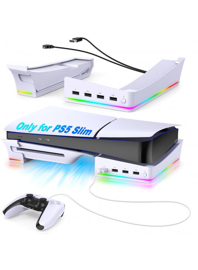 Auarte Auarte 2023 RGB Horizontal Stand for PS5 Slim Console Accessories with 14 Light Mode and 4 USB Hubs, Side Stand for Playstation 5 Slim Disc & Digital, Base Holder with Fast Controller Charging, White  - Image 1
