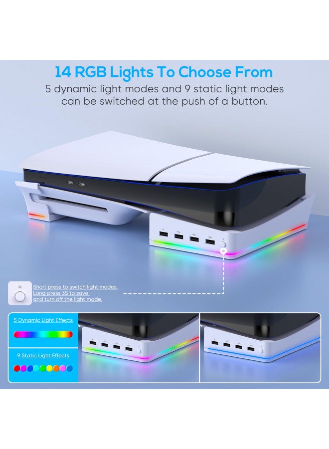 Auarte Auarte 2023 RGB Horizontal Stand for PS5 Slim Console Accessories with 14 Light Mode and 4 USB Hubs, Side Stand for Playstation 5 Slim Disc & Digital, Base Holder with Fast Controller Charging, White  - Image 3