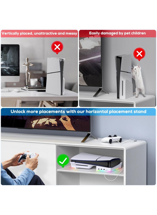 Auarte Auarte 2023 RGB Horizontal Stand for PS5 Slim Console Accessories with 14 Light Mode and 4 USB Hubs, Side Stand for Playstation 5 Slim Disc & Digital, Base Holder with Fast Controller Charging, White  - Image 2